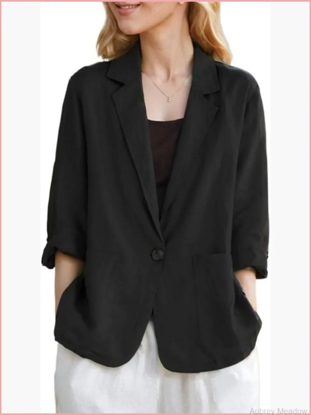 Linen Blazer 3/4 Sleeve Notch Lapel Button Front Work Casual Jacket with Pockets